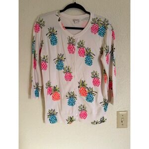 Merona Womens Pineapple Print Cardigan White Pink Blue 3/4 Sleeve Size L